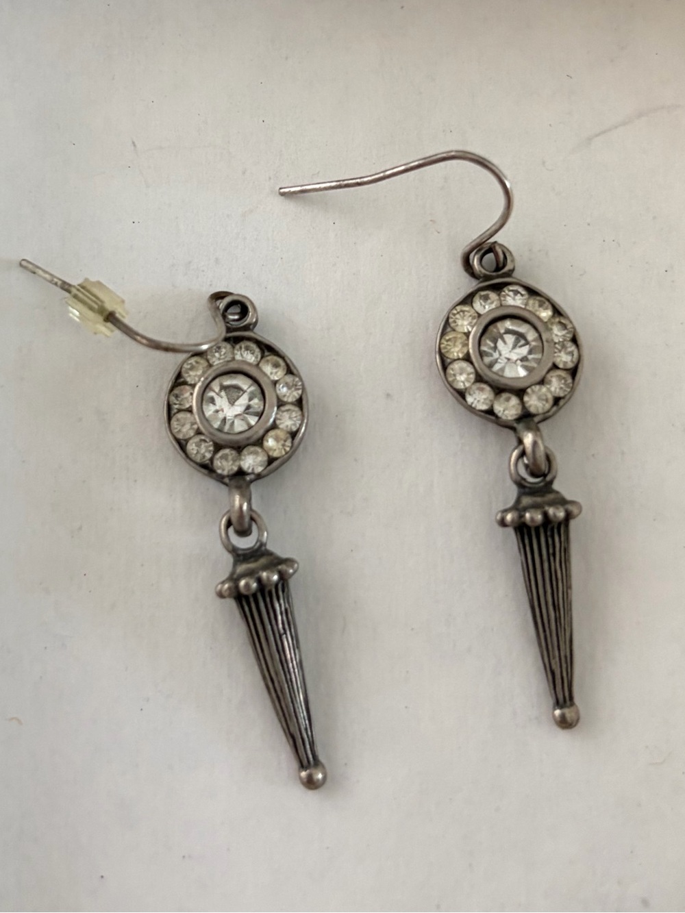 vintage over Tone Rhinestone Dangle/Drop Hook Earrings Round White Crystal